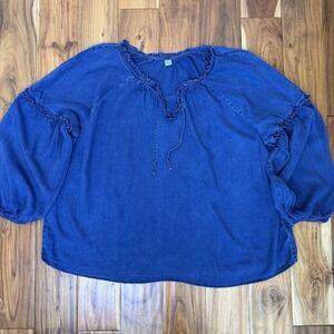 Old Navy Womens Top Size XXL Blue Ruffled Split Neck Tie Chambray Peasant